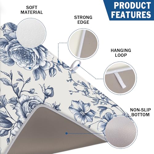 Vintage Floral Dish Drying Mat for Kitchen Counter Blue Floral Chinoiserie Pattern Dish Drying Pad 18x24 In Absorbent French Farmhouse Decor Dishes Drainer Pad Dish Dry Rack Mat for Counter Coffee Bar