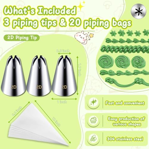 3pcs 2D Cake Piping Tips with 20 Piping Bags (3 Count)