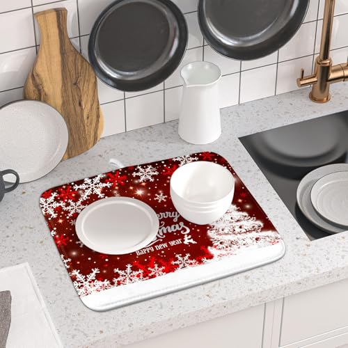 Happy New Year Red Dish Drying Mat for Kitchen Counter