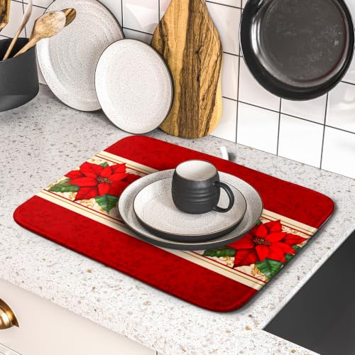 Poinsettia Flowers Dish Drying Mat 16"x18" Christmas Red Decorative Dish Drainer Mats Xmas Winter Floral Print Reversible Microfiber Dish Drying Rack Pad for Kitchen Countertop Sink