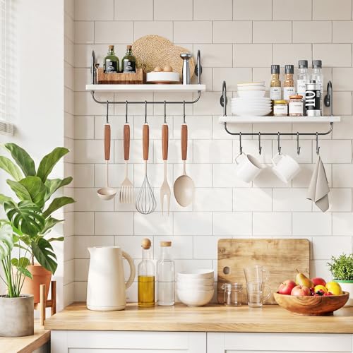 Floating Wall Shelves for Kitchen Bathroom Coffee Nook with 10 Adjustable Hooks for Mugs Cooking Utensils or Towel Rustic Storage Shelves Set of 2 (2 Count)