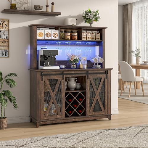 47"Wide 56"H Farmhouse Coffee Bar Cabinet with Power Outlet and LED Light