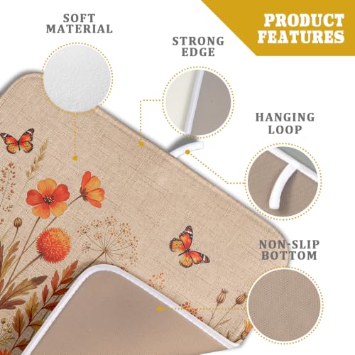Rustic Fall Flowers Dish Drying Mat Retro Autumn Orange Floral Butterfly Dish Drainer Mats 16"x18" Microfiber Reversible Dish Drying Rack Pad Protector for Kitchen Countertop Decor