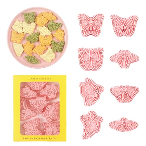 Butterfly Cookie Cutters 8 Pcs Plastic Biscuit Cutter Set 3D Pressable Cake Baking Fondant Embosser Stamps for Party Decoration Pastry Tools (8 Count)