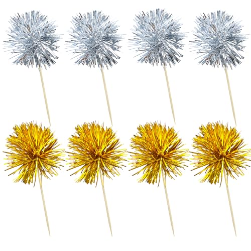 30Pcs Foil Firework Cupcake Toppers Party Birthday Cake Toppers Supplies Sparkle Tinsel Cocktail Fruit Toothpick for Birthday Wedding Graduation Party Supplies Gold Silver (30 Count)