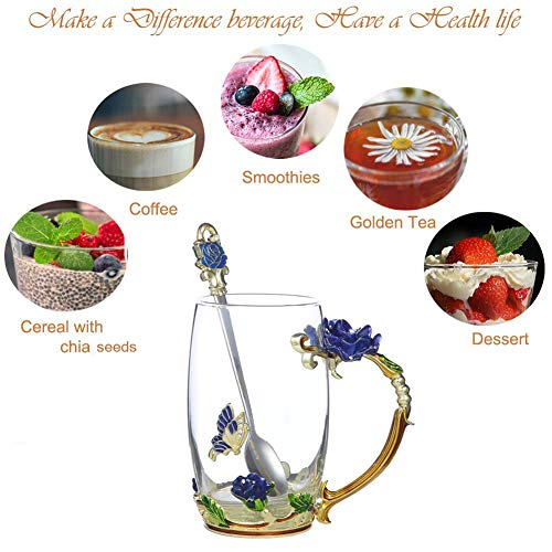 Gifts for Mom Women Unique Blue Tea Mug With Spoon Set & Flower Decoration