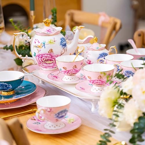 Pink Floral Porcelain Tea Set with 6 Cups and Saucers