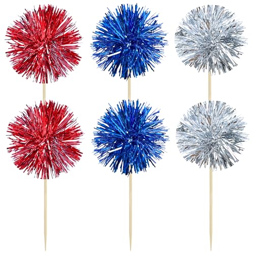 30Pcs Foil Firework Cupcake Toppers Sparkle Tinsel Cake Toppers Tinsel Drink Cake Decoration Cocktail Picks for Birthday Wedding Graduation Party Supplies Silver Dark Blue Red (30 Count)