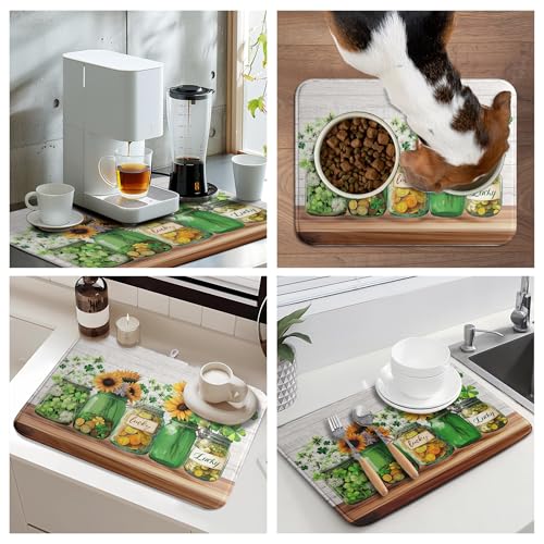 St Patricks Day Shamrock Dish Drying Mats St Patrick's Day Spring Dish Mat Sunflowers Drying Matt Dishes Dryer Pad for Kitchen Counter Absorbent Microfiber Washable Foldable Reusable 18x24 in