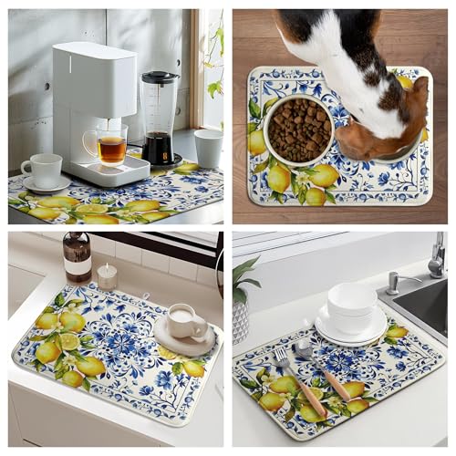 Lemon Dish Drying Mats Spring Summer Dish Mat Blue Chinoiserie Floral Drying Matt Dishes Dryer Pad for Kitchen Counter Absorbent Microfiber Washable Foldable Reusable 18x24 in