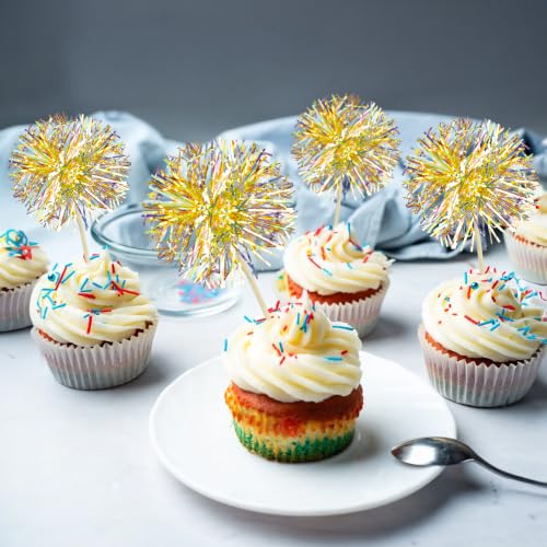 30Pcs Foil Firework Cupcake Toppers Party Birthday Cake Toppers Supplies Sparkle Tinsel Cocktail Fruit Toothpick for Birthday Wedding Graduation Party Yellow (30 Count)