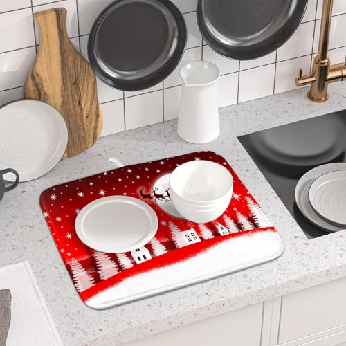 Christmas Reindeer Moon Star Red Dish Drying Mat for Kitchen Counter