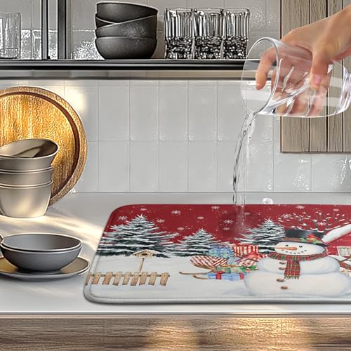 Christma Snowman Dish Drying Mat Winter Snowflake Large Kitchen Mats Dish Drying Pad Red Absorbent Dish Dryer Mat for Kitchen Countertops Microfiber Drainer Pad Dish Drying Mats