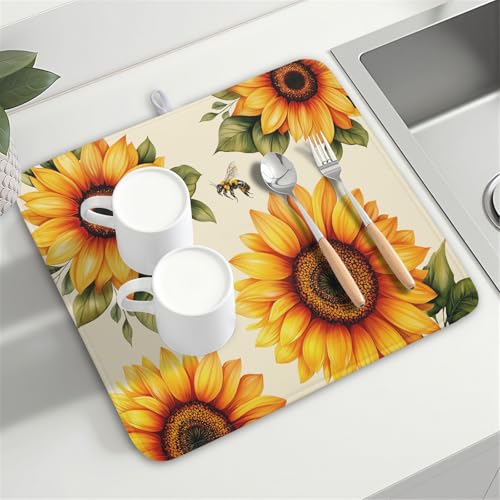 Sunflower Dish Drying Mat 16x18 Inch Absorbent Reversible Summer Drying Mat Sunflower Bee Dish Drying Rack Mat Yellow Summer Themed Dish Drainer Mat for Kitchen Counter Coffee Bar