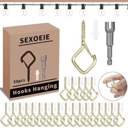 50 PCS Gold Eye Screw Hooks for Hanging Heavy Duty with Safety Buckle.Metal Ceiling Hooks for Hanging Plants Cup Wind Chime Bird Feeders Patio Lights At Indoor&Outdoor (50 Count)