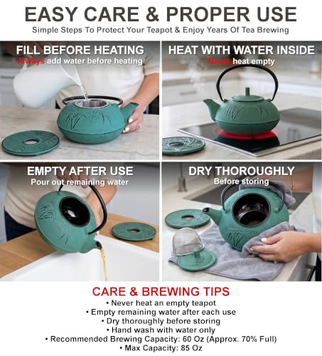 85 Oz XXL Green Bamboo Cast Iron Teapot