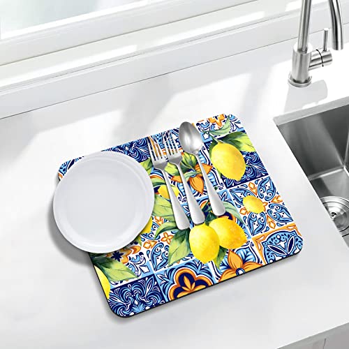 Rubber Dish Drying Mat for Kitchen Counter Large Lemon Washable Quick Home Coffee Pad Fit Under Sink