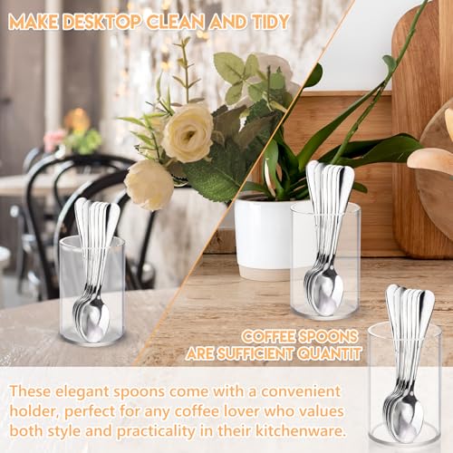 6 Pcs Mini Coffee Spoons with Holder 4.7 inch Demitasse Espresso Stainless Steel Spoons Silver with Acrylic Cylinder Holder for Coffee Bar Home Tea Party (6 Count)