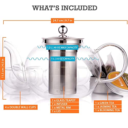 Glass Teapot Set with 4 Double Wall Tea Cups & Removable Stainless Steel Infuser