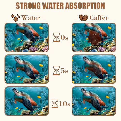 Sea Turtle Coffee Mat Absorbent Dish Drying Mat for Kitchen Counter Hide Stain Rubber Backed Coffee Bar Accessories Fit Under Espresso Machine Dish Rack