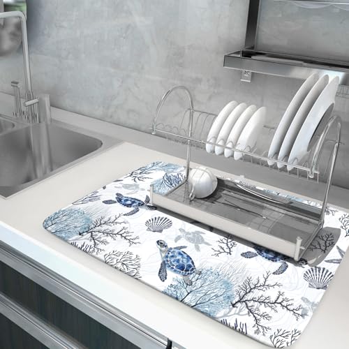18"x24" Coastal Sea Turtles Dish Drying Mat Nautical Ocean Tortoise Coral Starfish Dish Drainer Mats for Kitchen Microfiber Reversible Dish Drying Rack Pad for Countertop Tabletop Decor