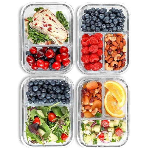 Glass Meal Prep Containers 2 and 3 Compartments (4 Count)