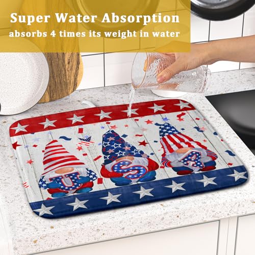 4th of July Gnomes Dish Drying Mat 16x18 inch Patriotic Elf Usa Stars Dish Drainer Mats Independece Day Small Microfiber Dish Drying Pad for Kitchen Countertop Holiday Decor
