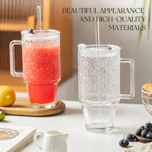 24oz Ribbed Glass Tumbler with Handle & Lid