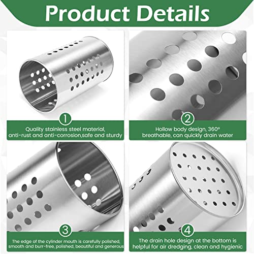 Stainless Steel Kitchen Utensil Holder Flatware Cylinder Silverware Draining Organizer Drying Rack with Round Drain Holes for Forks
