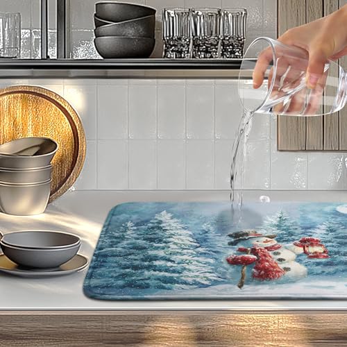 Winter Blue Snowman Dish Drying Mat Christmas Pine Tree Large Kitchen Mats Dish Drying Pad Xmas Absorbent Dish Dryer Mat for Kitchen Countertops Microfiber Drainer Pad Dish Drying Mats