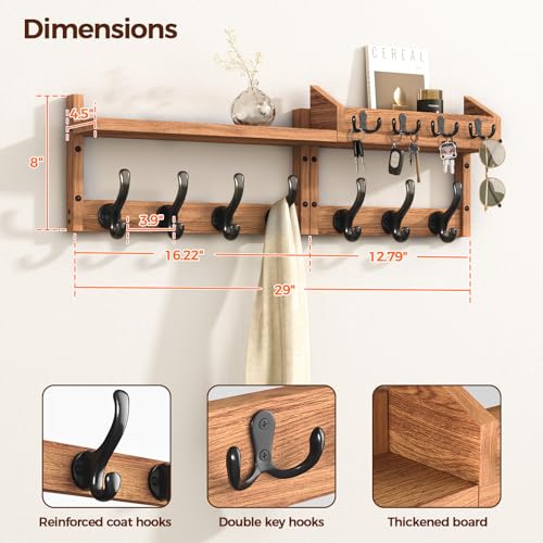 29" Coat Rack Wall Mount with Shelf & 11 Hooks