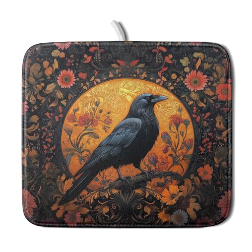 Vintage Crow Dish Drying Mat 16"x18" Gothic Black Raven Boho Flowers Dish Drainer Mats Rustic Halloween Farmhouse Reversible Small Dish Drying Pad Protector for Kitchen Countertop Decor