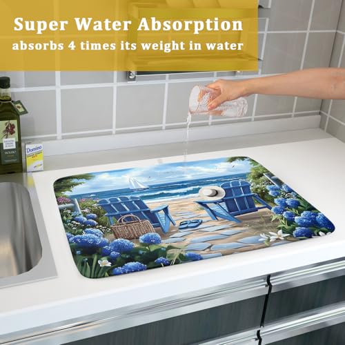 Summer Beach Chairs Dish Drying Mat Sea Wave Blue Floral Drying Mat fo Kitchen Counter 16”x18” Absorbent Reversible Kitchen Mat Non