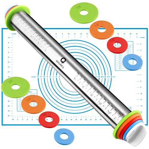 Stainless Steel Rolling Pin & Baking Mat Set with Adjustable Thickness Ring