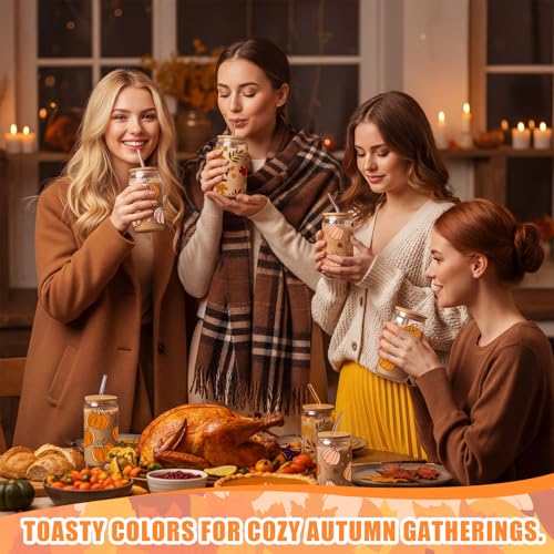 12 Pcs Fall Glass Cups with Lids and Straws 16 oz Autumn Pumpkin Leaves Coffee Tumblers Cozy Fall Drinking Cups Aesthetic Thanksgiving Gifts Bulk for Women Her Adults Party Favors (12 Count)