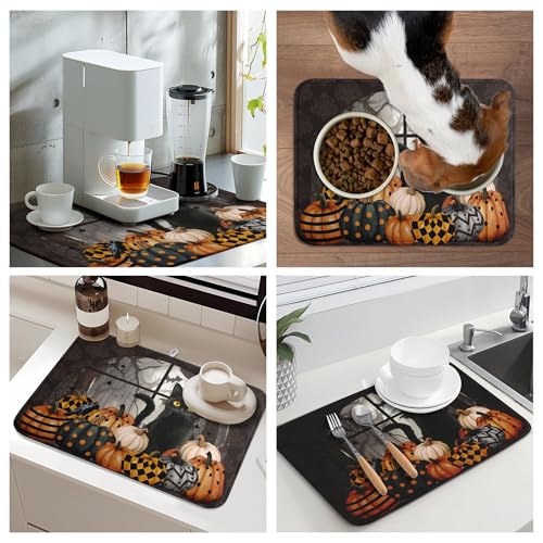 Halloween Black Cat Dish Drying Mat Fall Halloween Pumpkins Large Kitchen Mats Dish Drying Pad Absorbent Dish Dryer Mat for Kitchen Countertops Microfiber Drainer Pad Dish Drying Mats