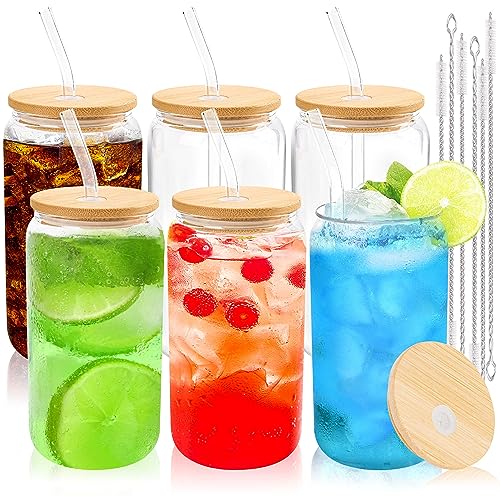 6pcs 16Oz Glass Cups with Bamboo Lids and Straws Drinking Glasses (6 Count)