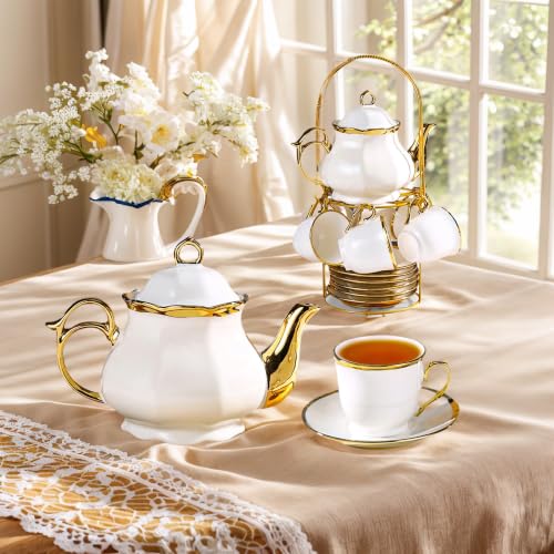 20 Pcs Porcelain Tea Set with Metal Holder (20 Count)