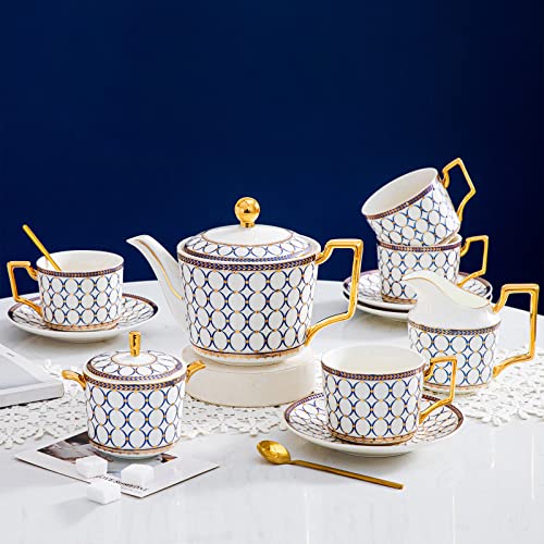 British Bone China Blue Gold Tea Cup & Saucer Set of 4 with Gift Box (15 Count)