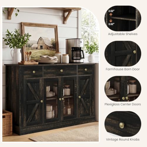 55" Large Coffee Bar Cabinet with 4 Doors and 3 Drawers