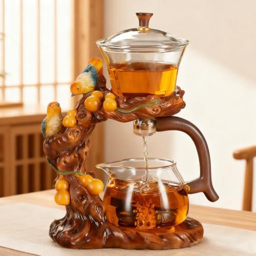 Lazy Kungfu Glass Tea Set Heat Resistant Semi Automatic Drip Rotating with Infuser Magnetic Teapot Set for Gongfu Tea Making Ideal