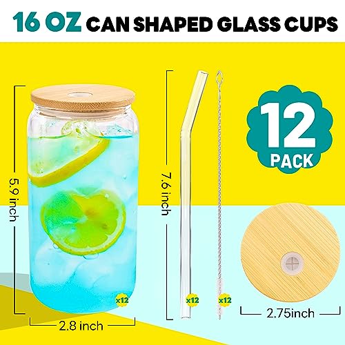 12pcs 16Oz Glass Cups with Bamboo Lids and Straws Drinking Glasses (12 Count)