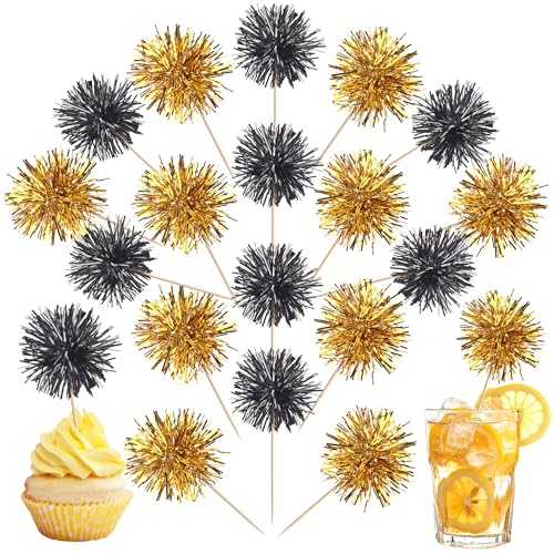 40 PCS Foil Firework Cupcake Toppers Sparkle Tinsel Cupcake Picks Fireworks Birthday Party Decorations Cocktail Fruit Toothpick for Birthday Wedding Graduation Party Decorations Supplies Black Gold (40 Count)