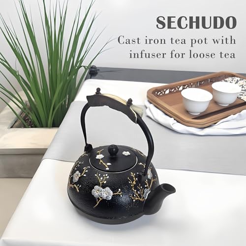 Cast Iron Teapot SECHUDO Teapot for Stovetop Safe Coated with Enameled Interior