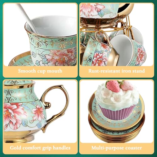 20 Pcs Porcelain Tea Set with Metal Holder (20 Count)
