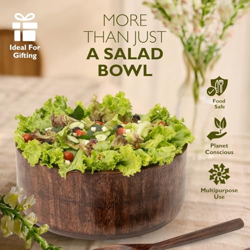 12" Dark Burnt Wooden Salad Bowl Set with Serving Utensils Eco
