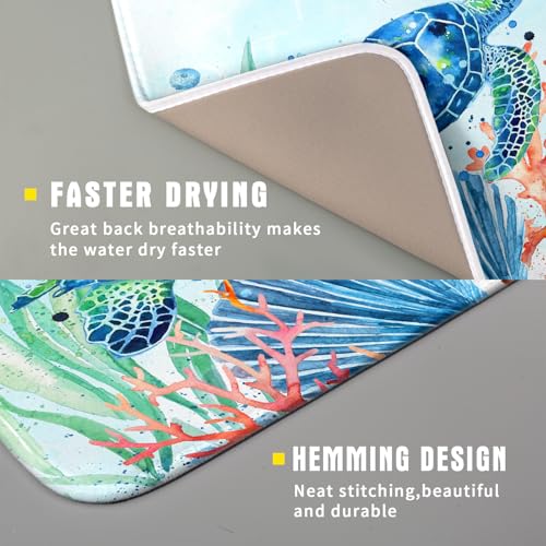 Sea Turtle Dish Drying Mat 16x18in Watercolor Blue Tortoise Dish Drainer Mats Nautical Ocean Coral Seashell Seaweed Microfiber Dish Drying Pad for Kitchen Countertop Small Decor