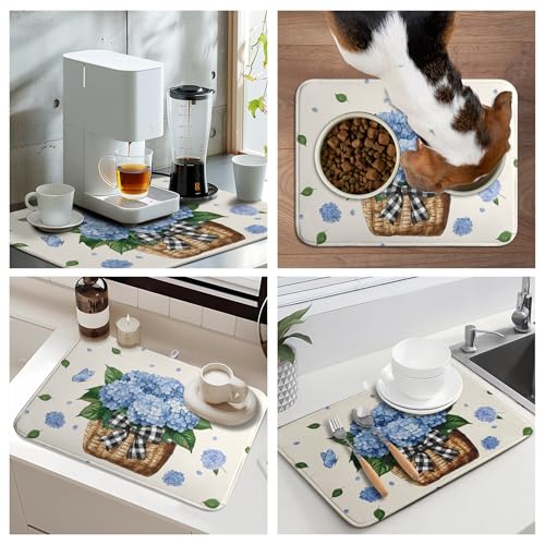 Spring Hydrangea Dish Drying Mats Spring Summer Floral Dish Mat Blue Flowers Butterfly Drying Matt Dishes Dryer Pad for Kitchen Counter Absorbent Microfiber Washable Foldable Reusable 18x24 in