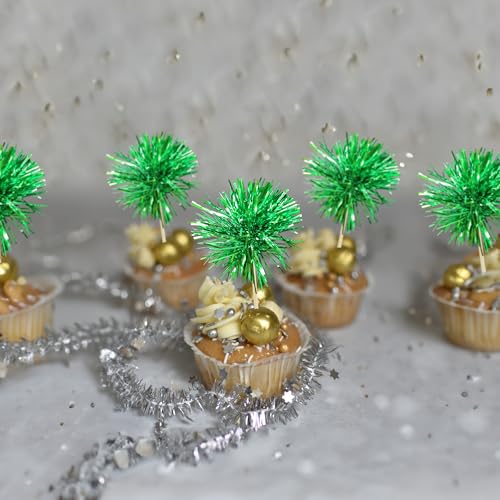 30Pcs Foil Firework Cupcake Toppers Sparkle Tinsel Cake Toppers Tinsel Drink Cake Decoration Cocktail Picks for Birthday Wedding Graduation Party Supplies Dark Green (30 Count)
