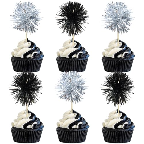 30Pcs Foil Firework Cupcake Toppers Sparkle Tinsel Cake Toppers Tinsel Drink Cake Decoration Cocktail Picks for Birthday Wedding Graduation Party Supplies Black Silver (30 Count)